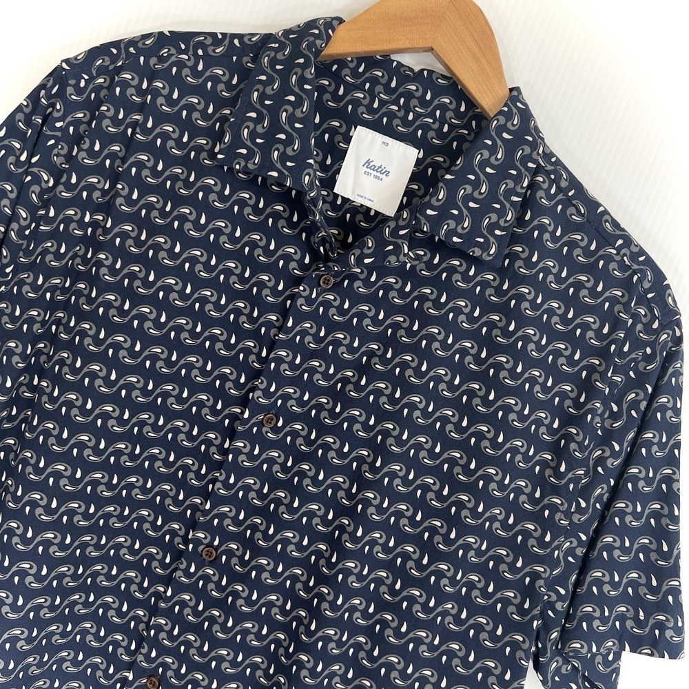 Katin Mens Paisley Print Camp Short Sleeve Button Down Shirt Size M Blue White